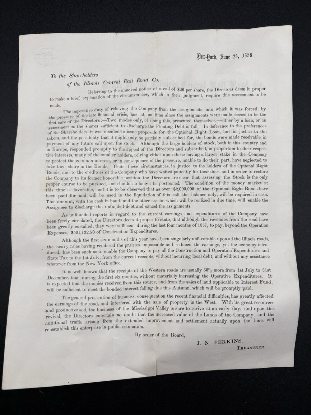 1858 Illinois Central Rail Road Shareholder Circular Stock Assessment JN Perkins
